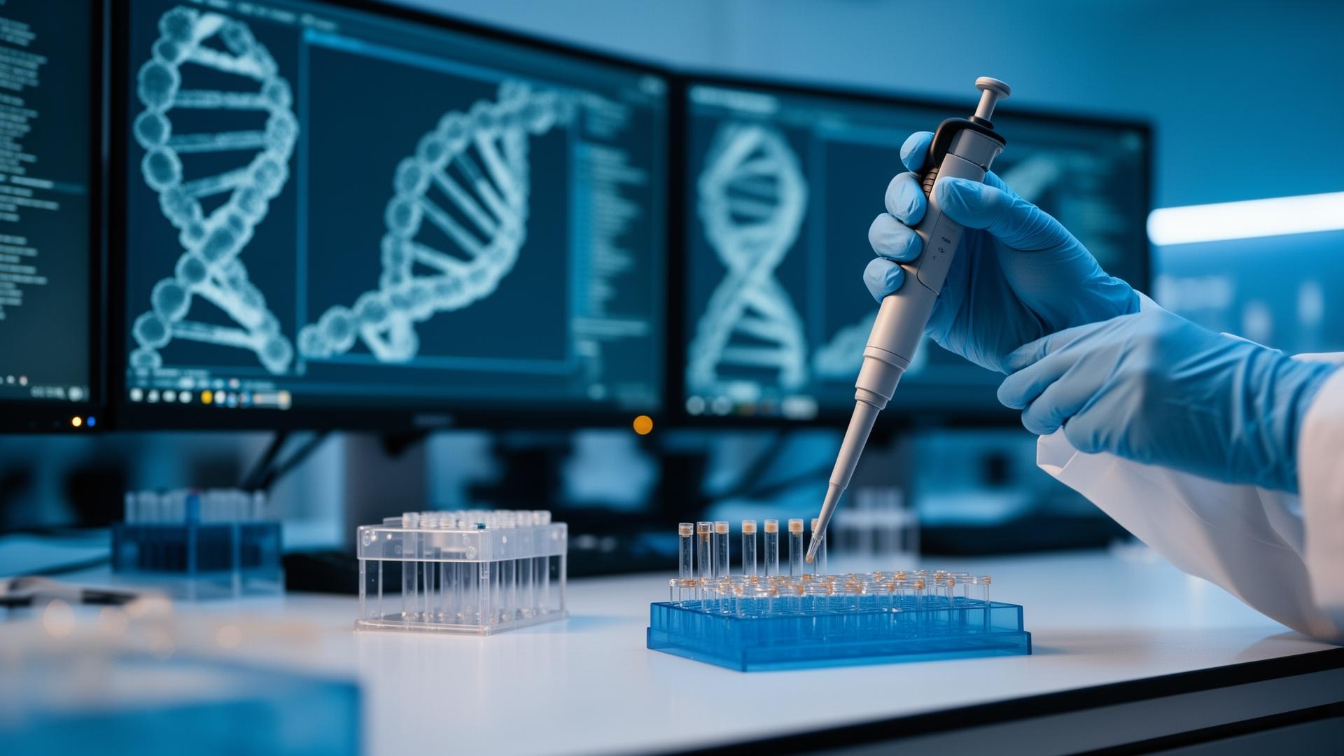 Gloved hands operating a pipette over forensic DNA samples with double-helix visualization on lab monitors