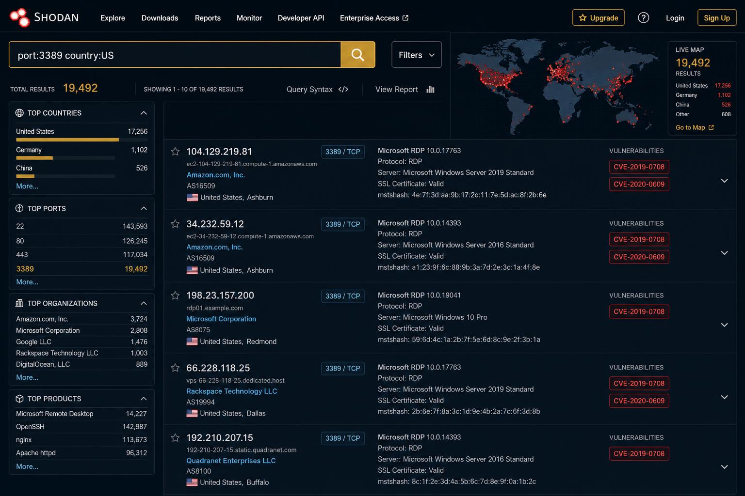 Shodan internet-exposed device search results showing IP addresses, open ports, service banners and CVE vulnerabilities on a world map