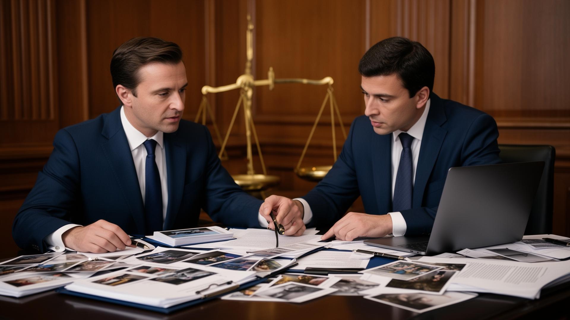 Attorney and 365 investigator reviewing evidence photos and a case binder in a wood-paneled law office