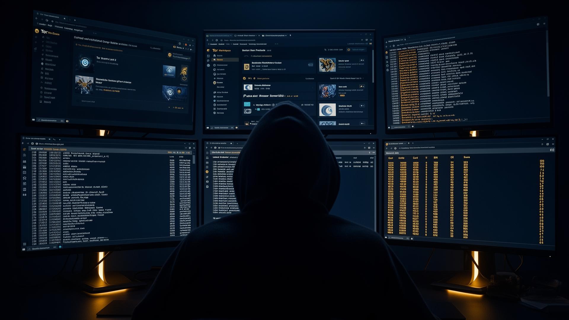 Dark web monitoring workstation with onion-routed Tor marketplaces, leaked credential dumps and paste-site scrapers