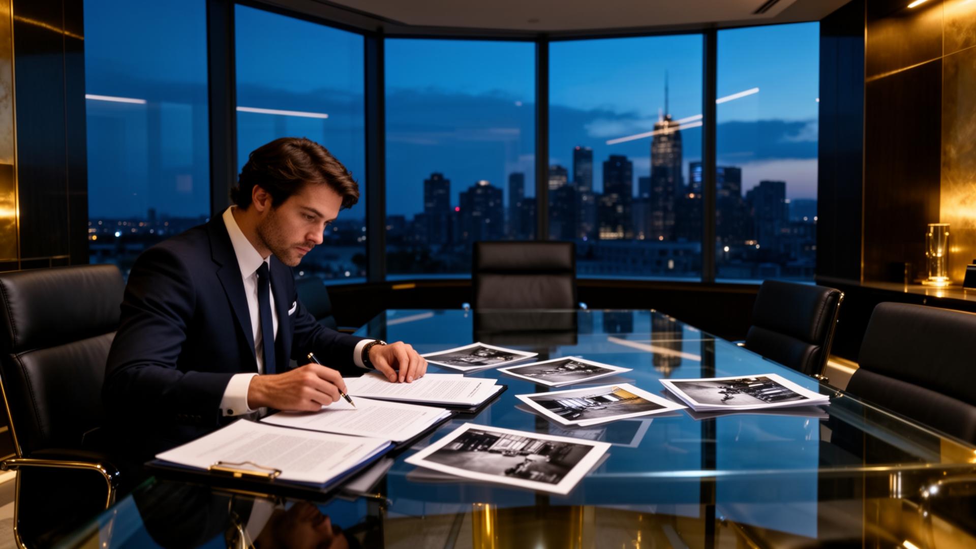 High-end corporate investigator reviewing case files at a glass conference table at night