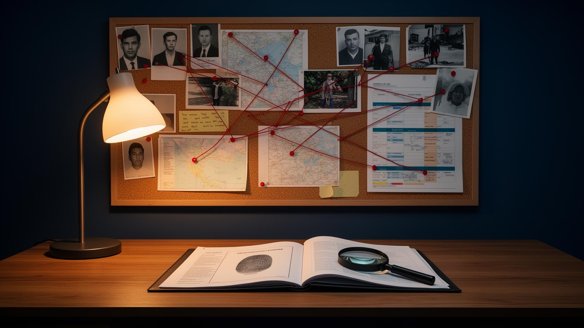 Investigator's case board with photographs, maps with red pins, timelines connected by string, fingerprint card and magnifying glass